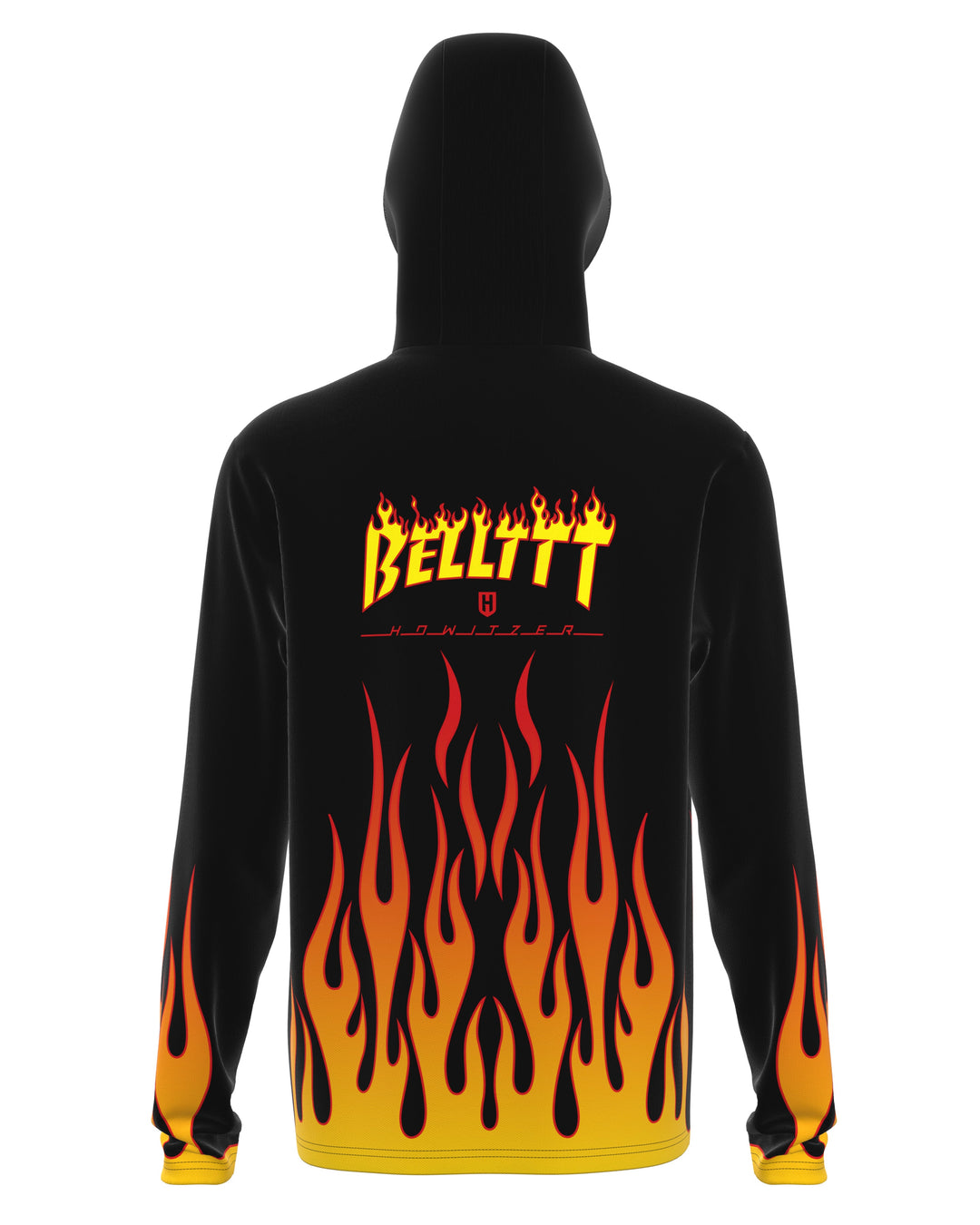 Belt Performance Jersey in black, back: BELLTTT flame lettering over flames along the hem