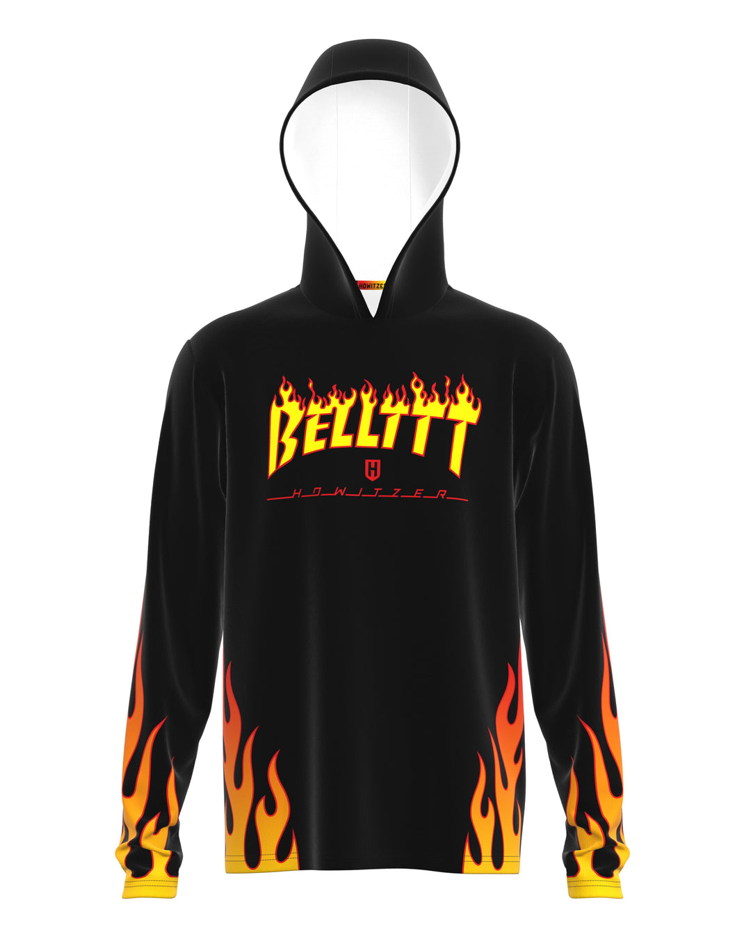 Belt Performance Jersey in black, front: BELLTTT flame lettering with flames along the hem and cuffs