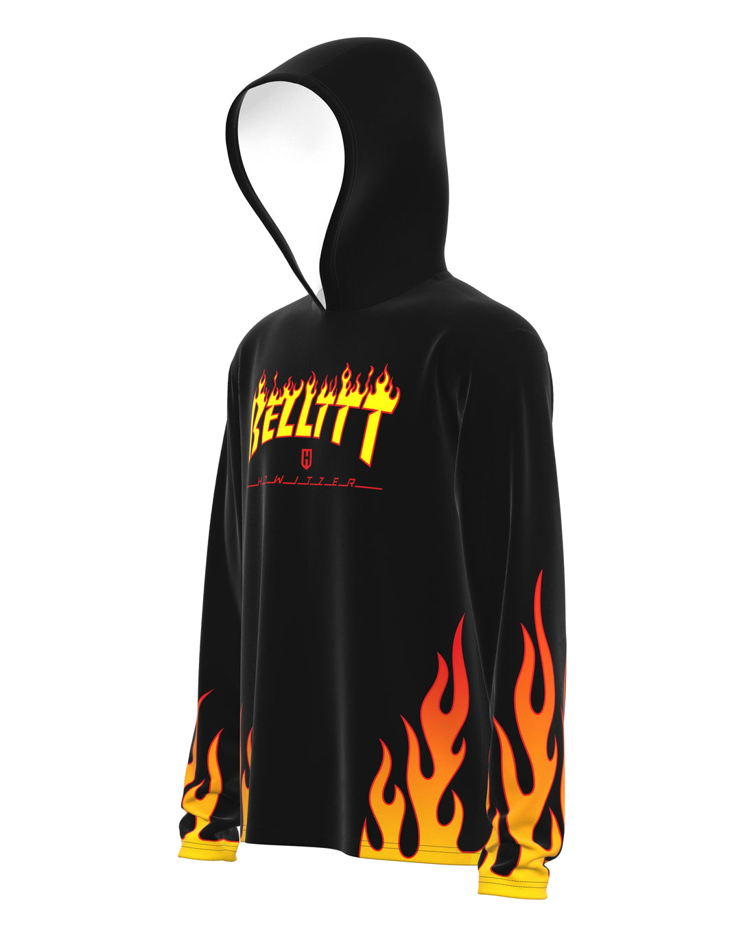 Belt Performance Jersey in black, angled view showing the hood and flame hem