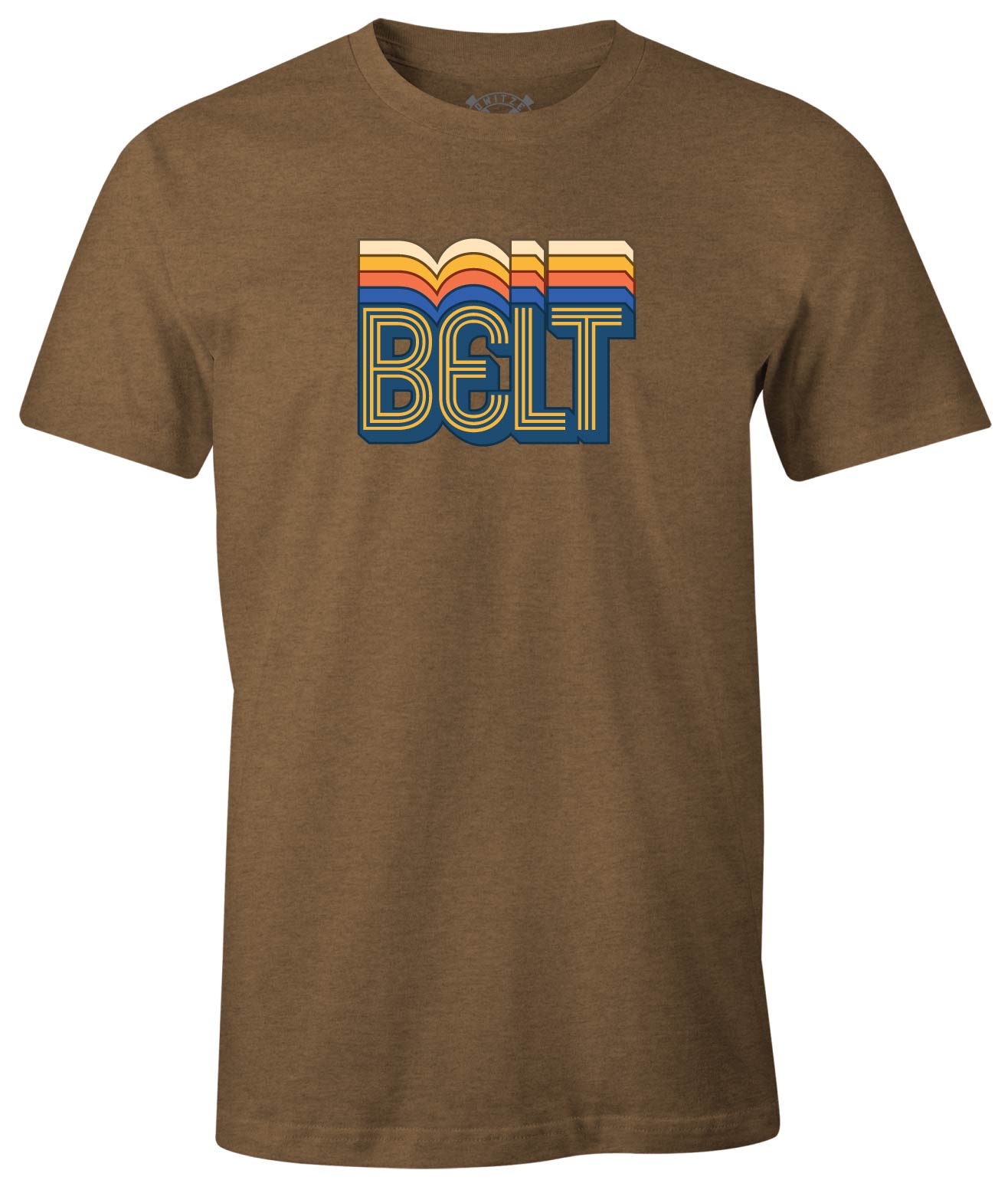 Spectrum Belt Tee in brown sugar, front: retro BELT lettering over orange, yellow, and red stripes