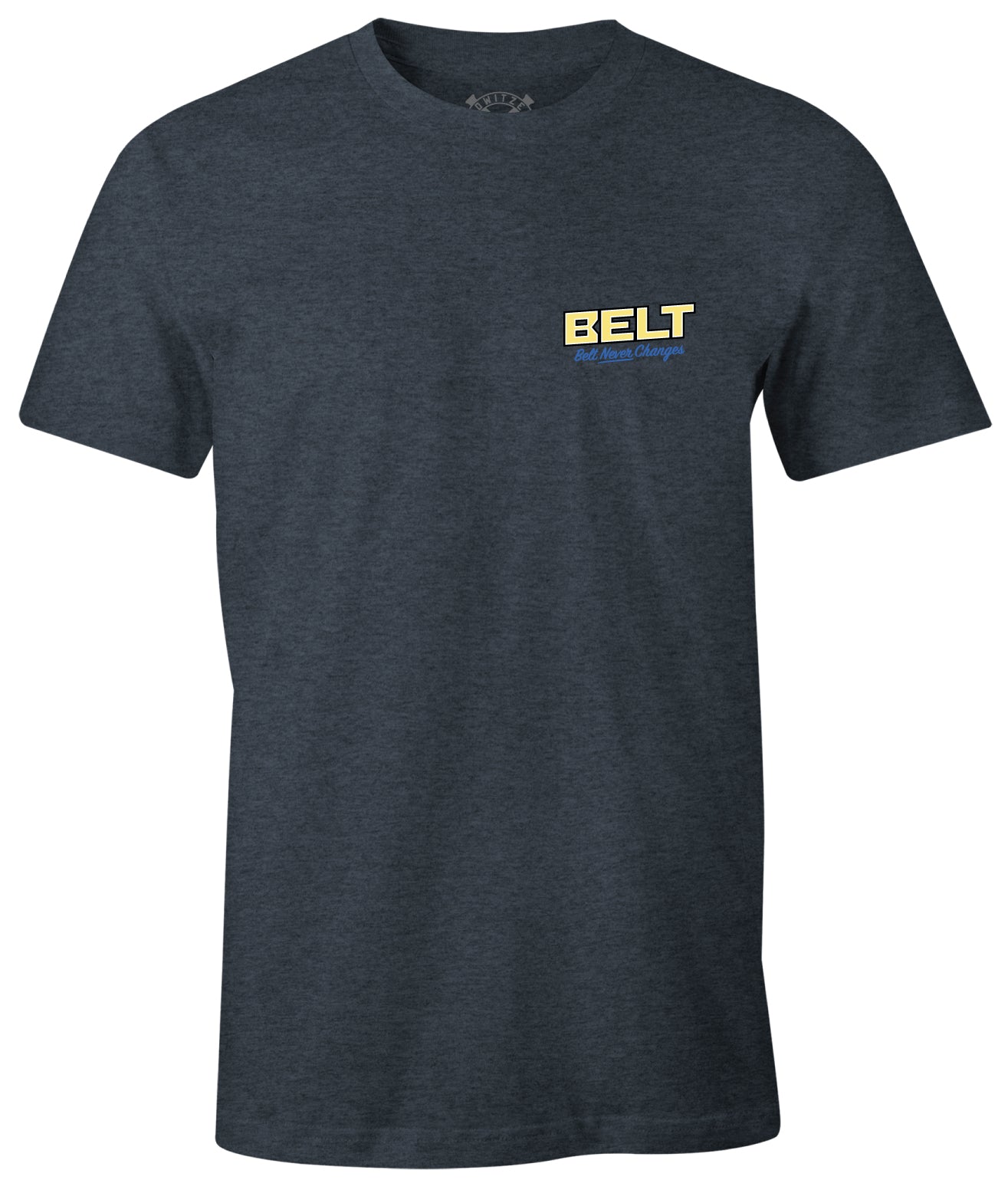 Fallout Belt Tee in navy heather, reverse side with a small BELT print