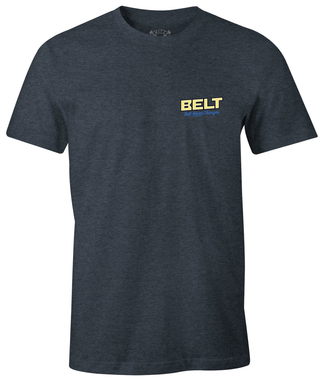 Fallout Belt Tee in navy heather, reverse side with a small BELT print