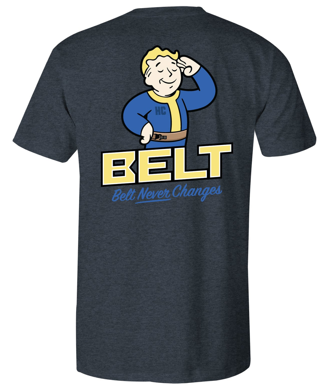 Fallout Belt Tee in navy heather with a saluting cartoon character above BELT in yellow