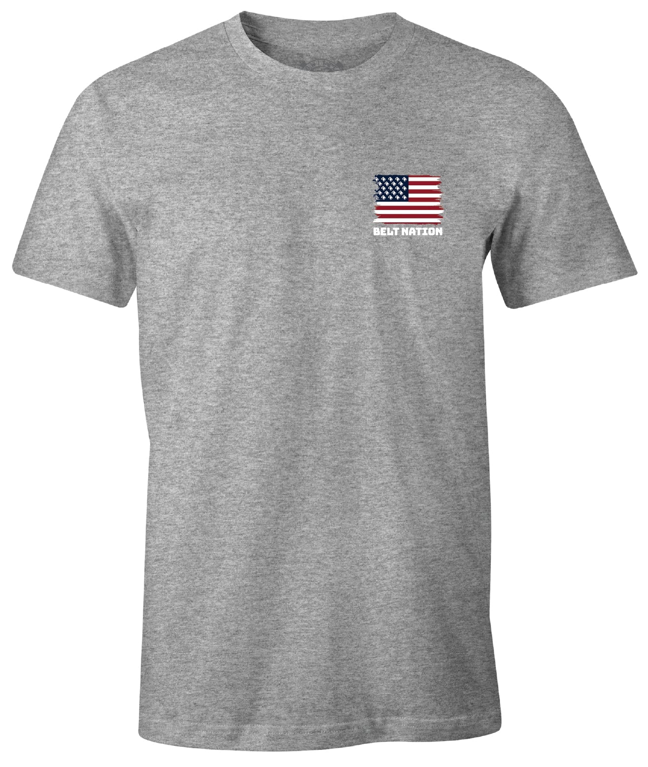 Belt Flag Tee in heather grey, front: small flag print on the left chest