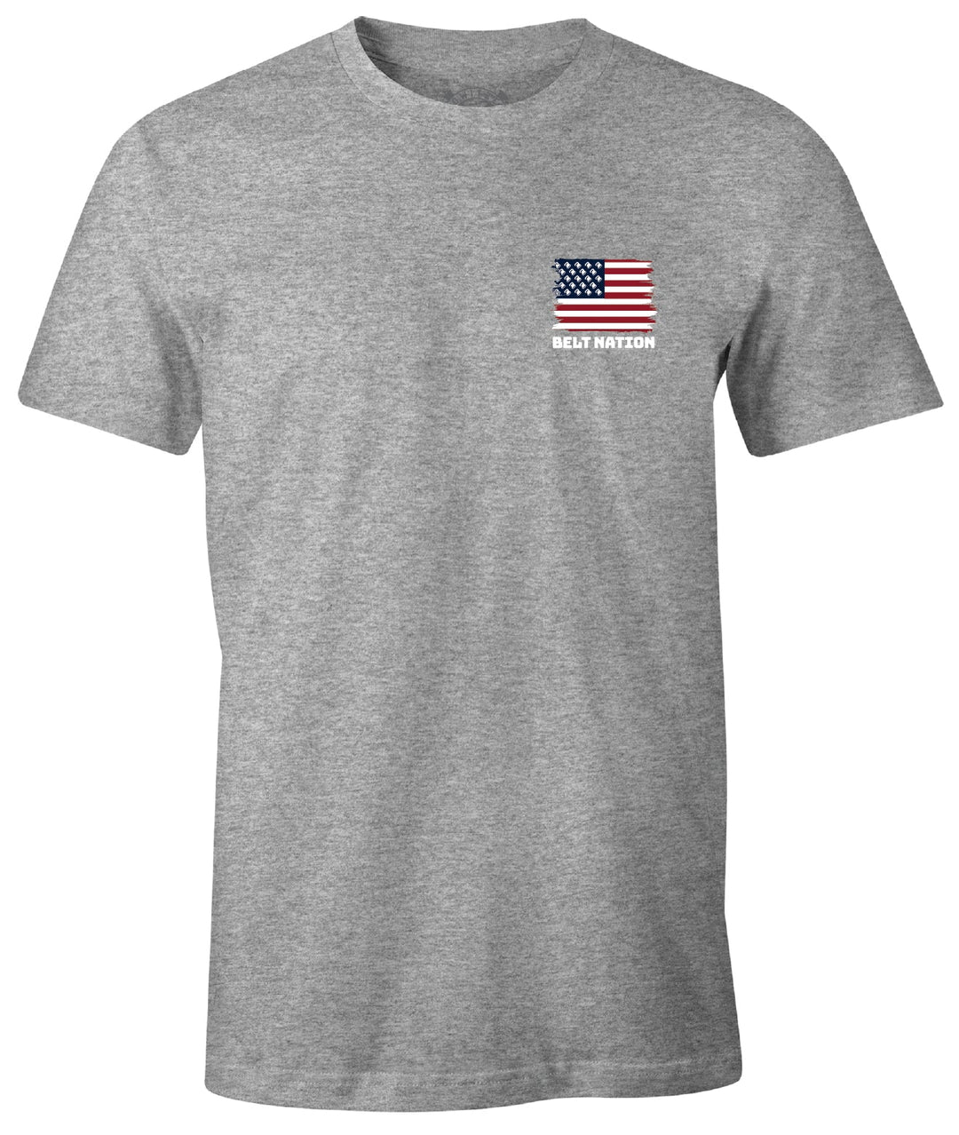 Belt Flag Tee in heather grey, front: small flag print on the left chest