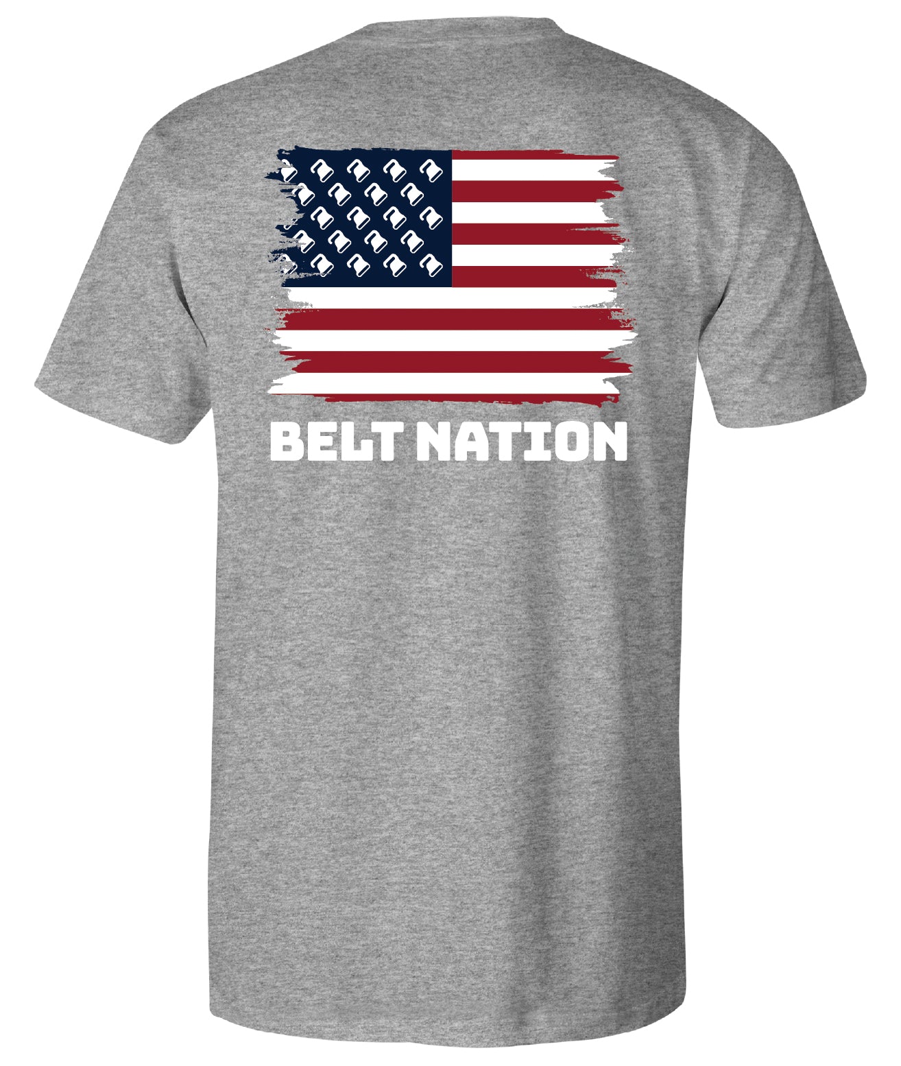 Belt Flag Tee in heather grey, back: distressed American flag over BELT NATION