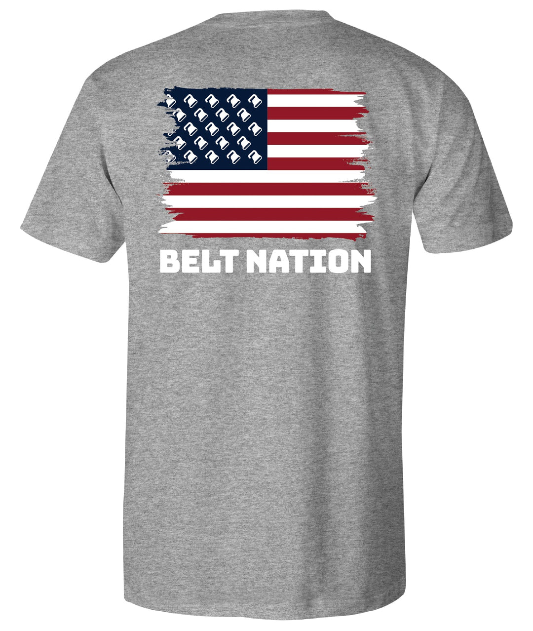 Belt Flag Tee in heather grey, back: distressed American flag over BELT NATION