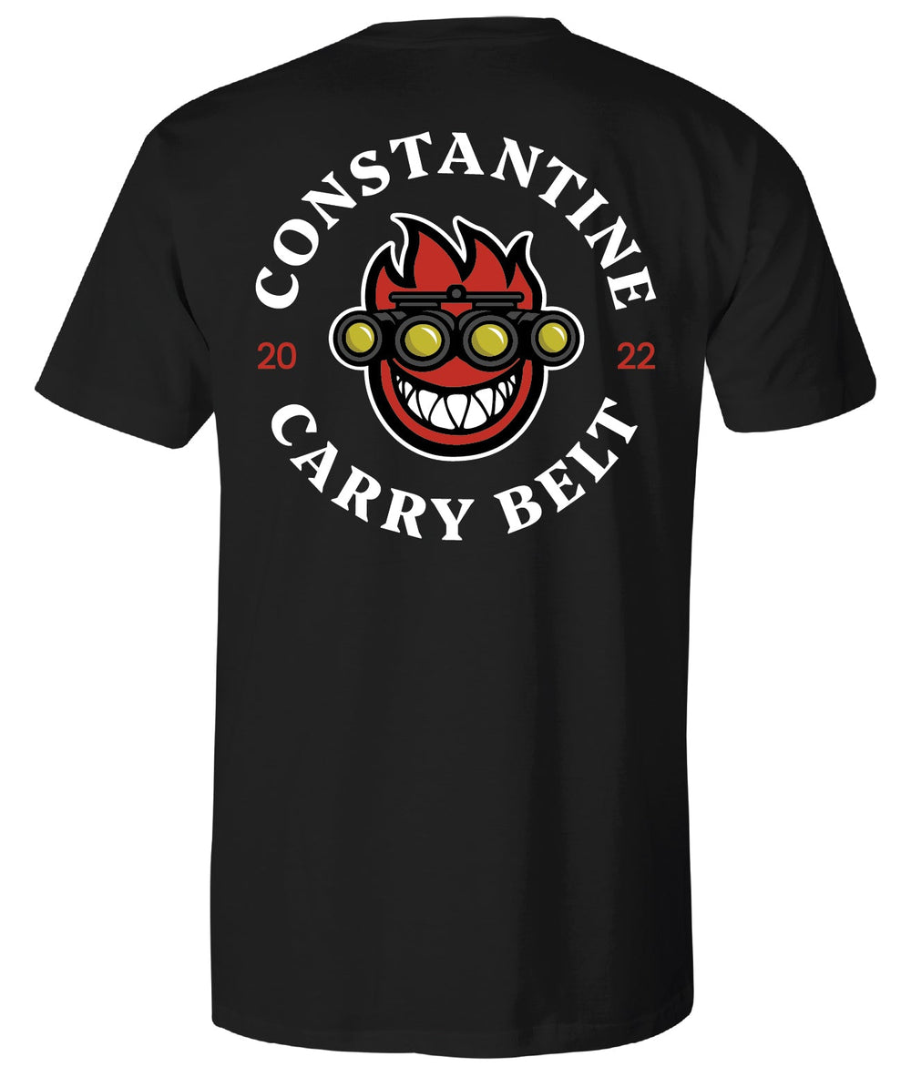 Spitfire Belt Tee in black, back: grinning devil in goggles inside a CONSTANTINE CARRY BELT badge