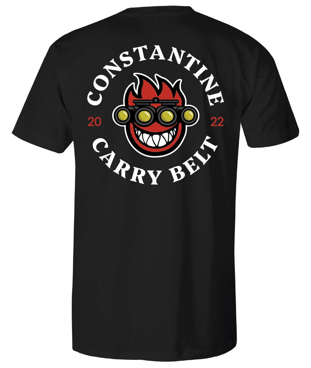 Spitfire Belt Tee in black, back: grinning devil in goggles inside a CONSTANTINE CARRY BELT badge