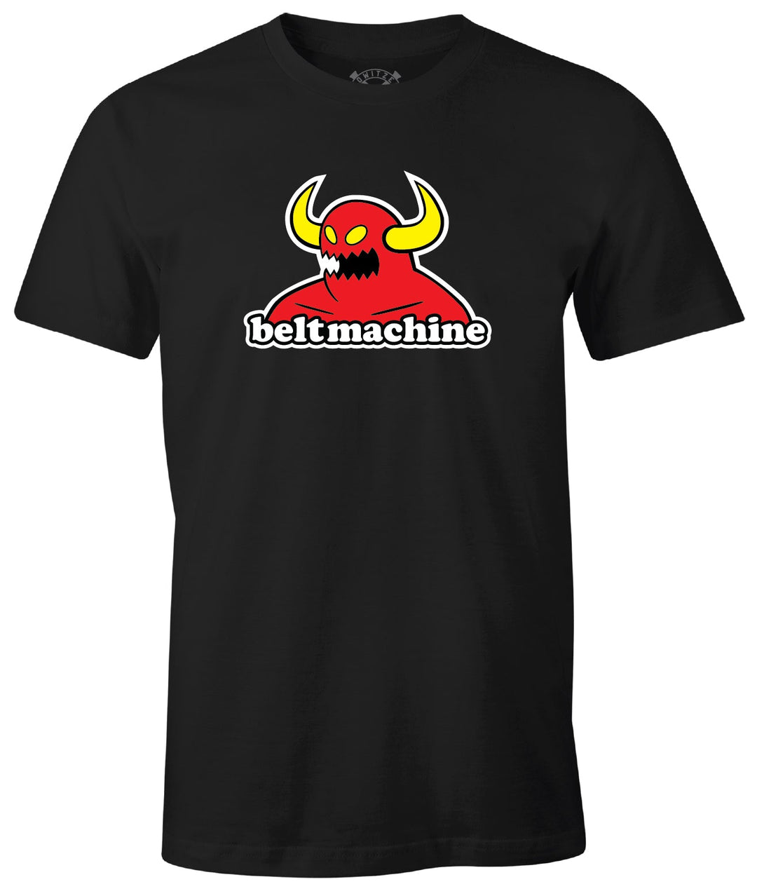 Belt Machine Tee in black, front: red horned devil with yellow horns over belt machine lettering