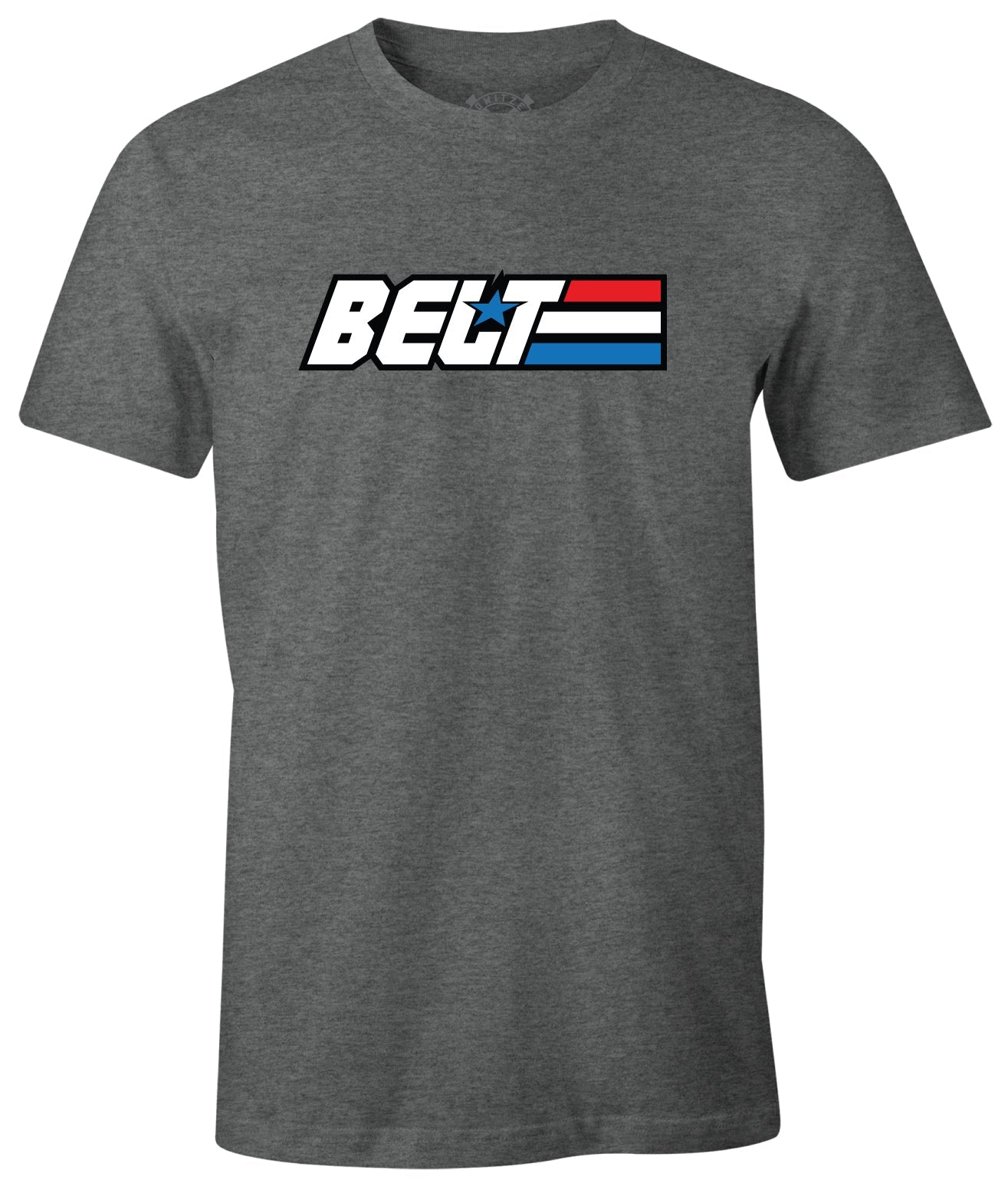 GI Belt Tee in graphite heather, front: BELT in white over red, white, and blue stripes