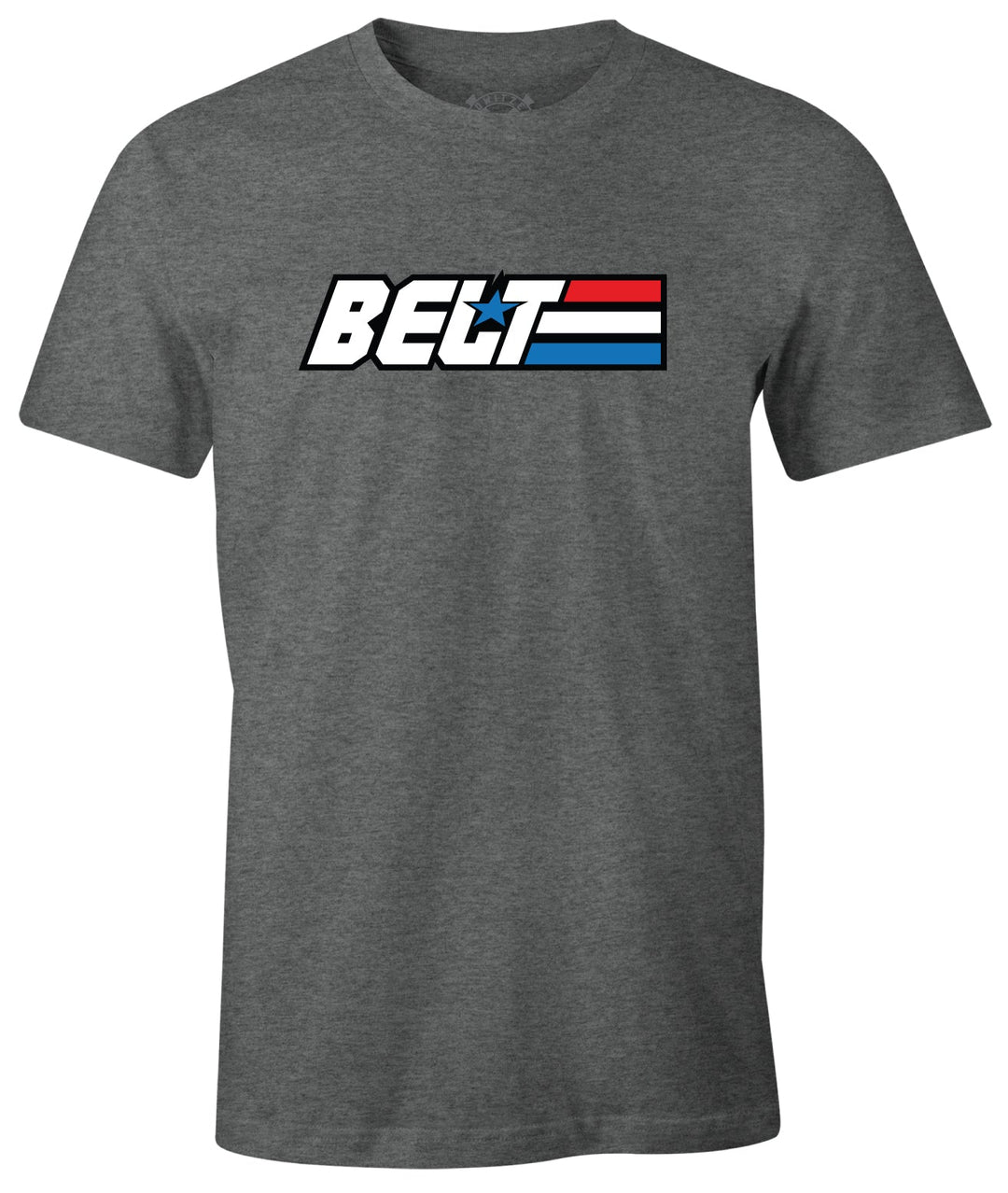 GI Belt Tee in graphite heather, front: BELT in white over red, white, and blue stripes