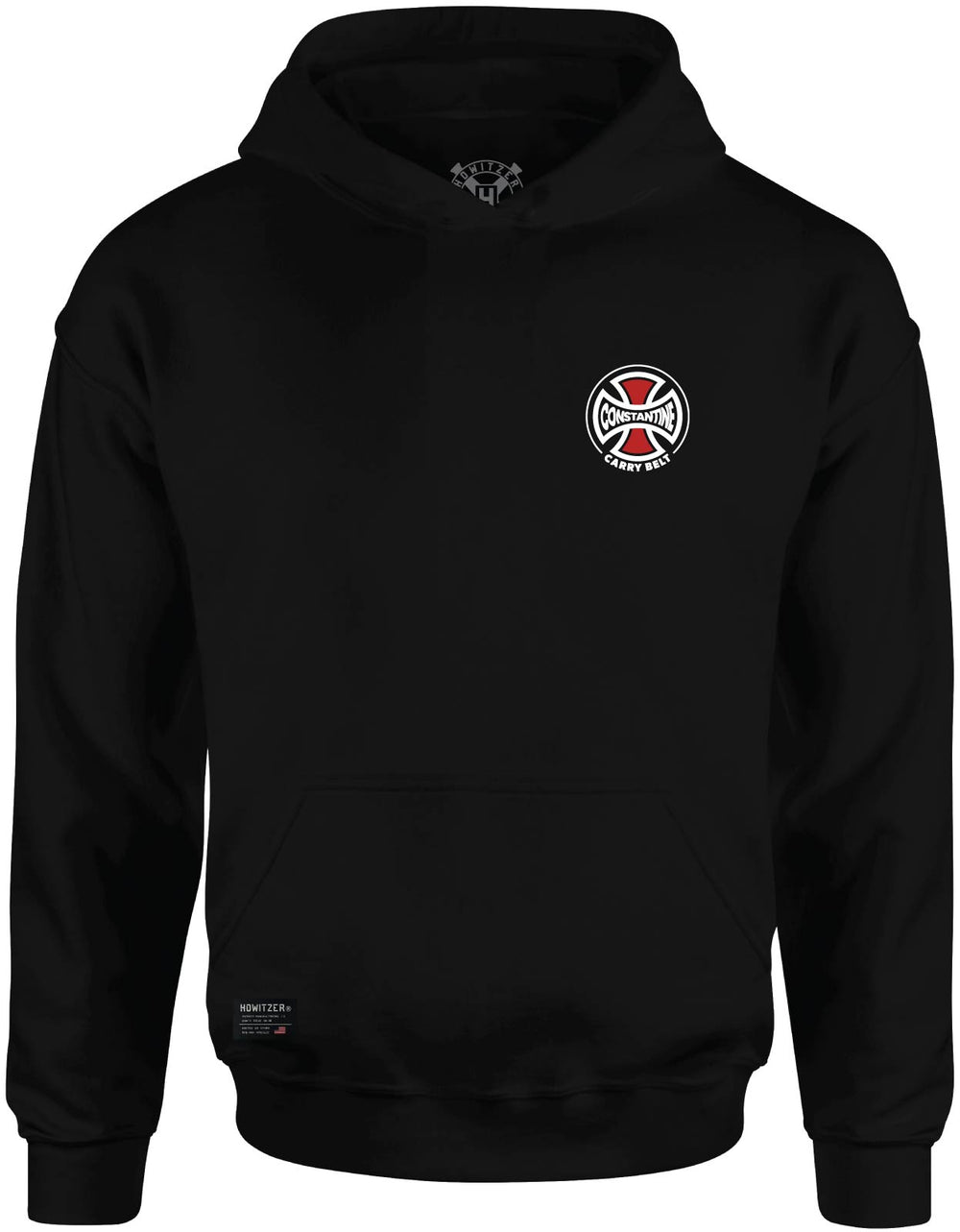 Carry Belt Hood in black, front: small cross logo on the left chest