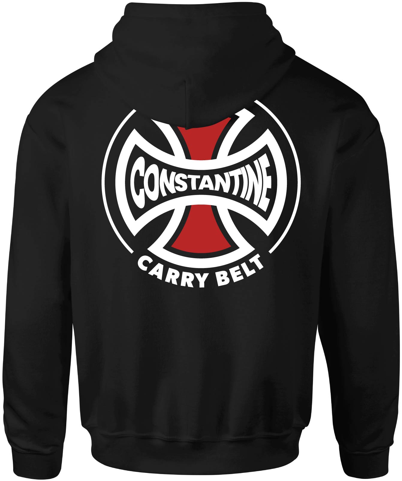 Carry Belt Hood in black, back: white cross with a red center and CONSTANTINE CARRY BELT
