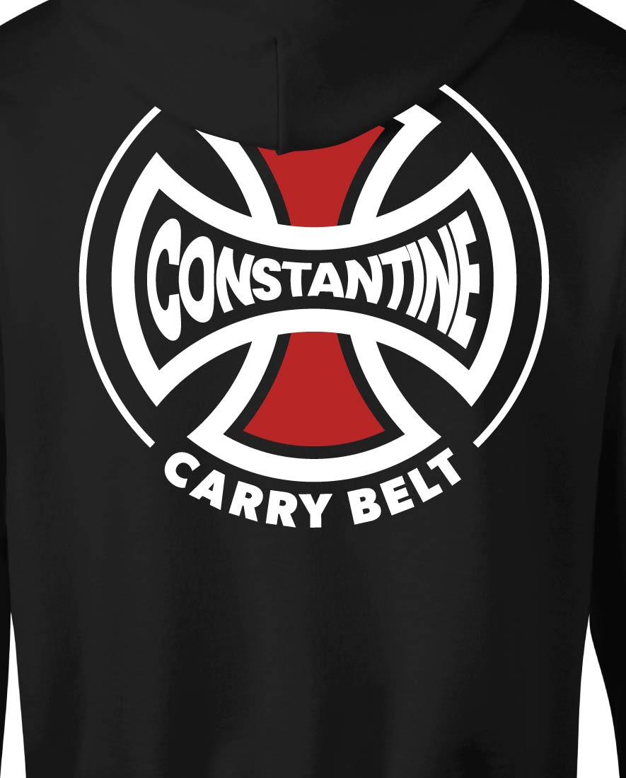 Close-up of the CONSTANTINE CARRY BELT cross graphic on the back of the Carry Belt Hood