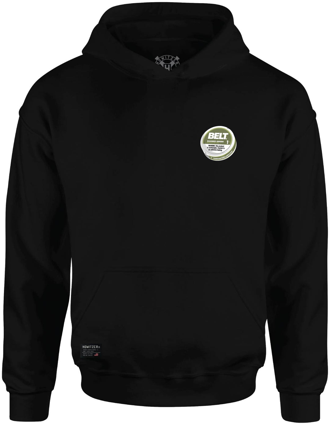 Zyn Belt Hood in black, front: small round tin print on the left chest