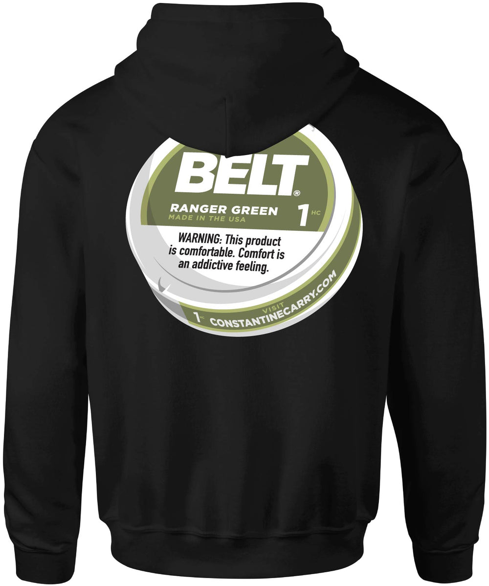 Zyn Belt Hood in black, back: round BELT Ranger Green tin graphic with a warning label