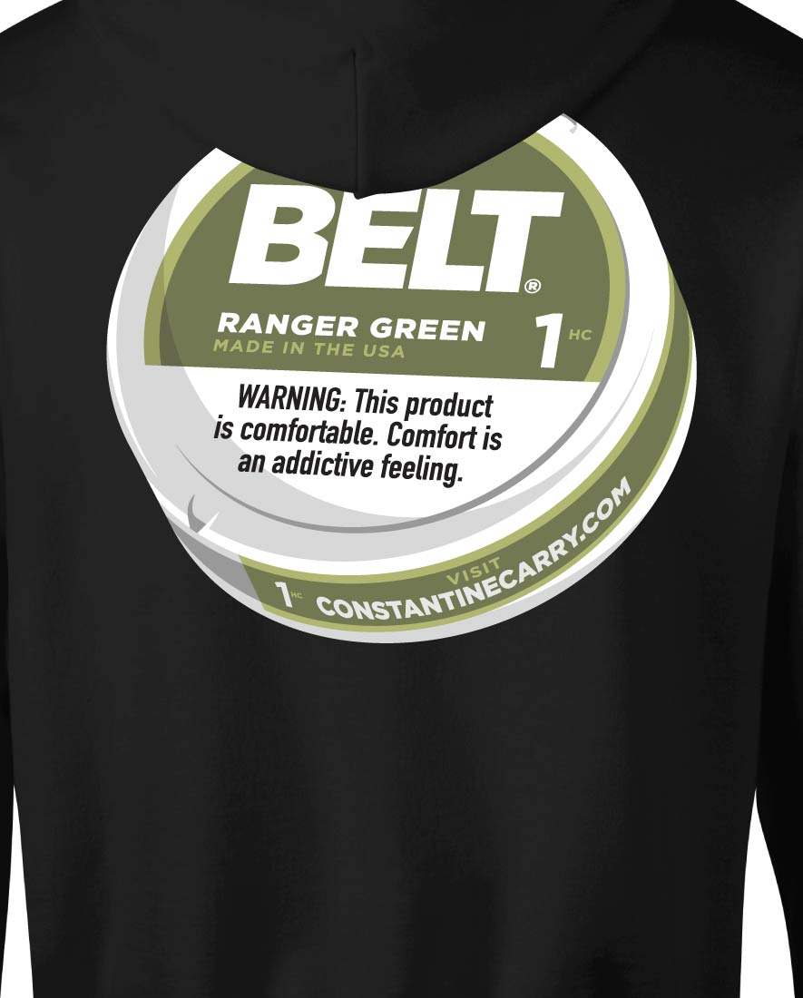 Close-up of the BELT Ranger Green tin graphic on the back of the Zyn Belt Hood
