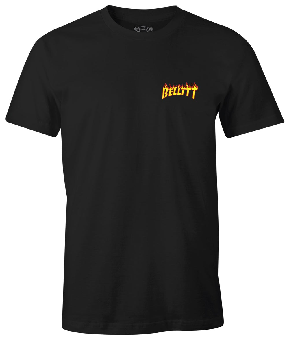 Belt Tee in black, front: small BELLTTT flame print on the left chest