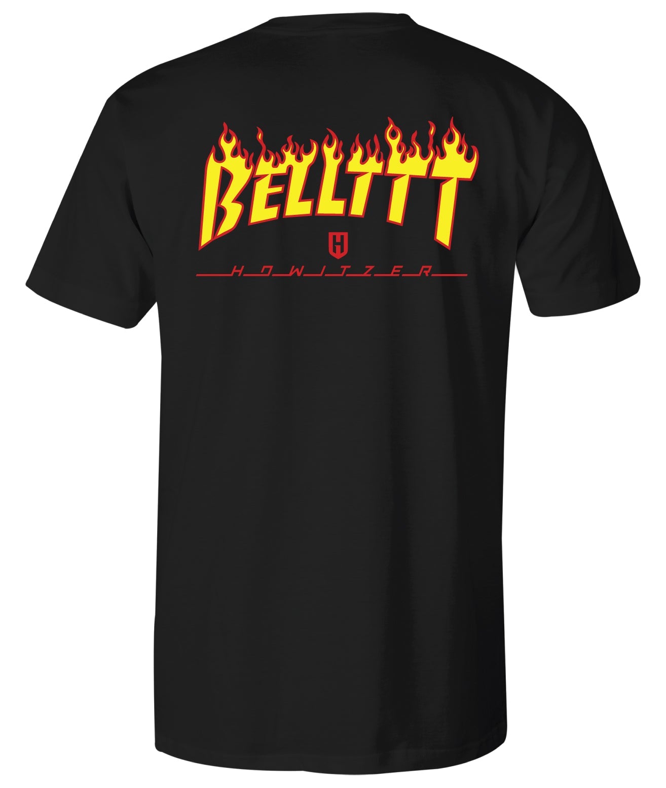 Belt Tee in black, back: BELLTTT flame lettering over HOWITZER
