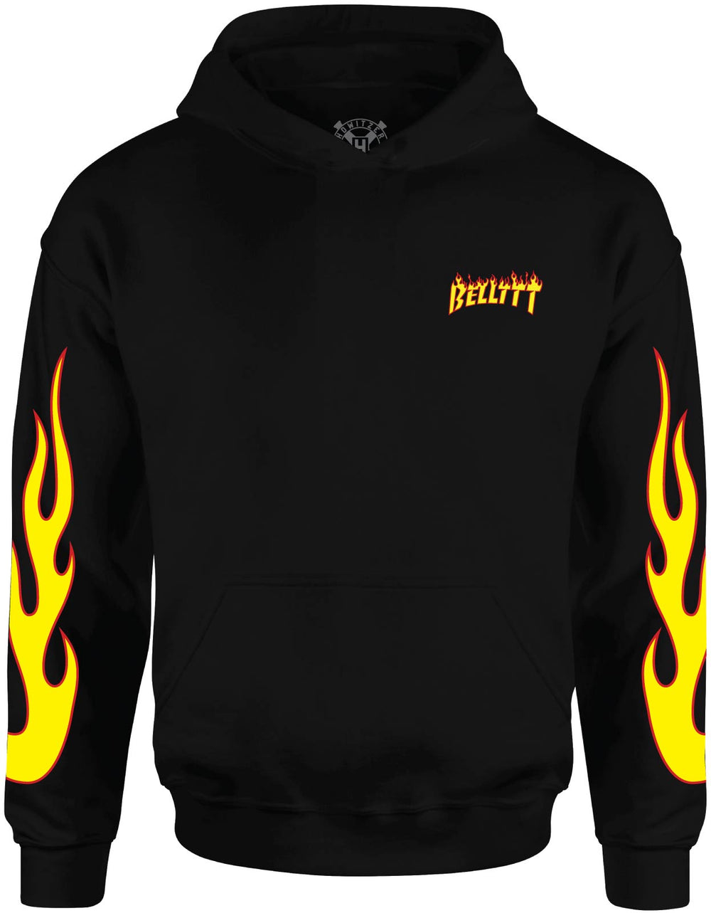 Belt Hood in black, front: small BELLTTT chest print and flame sleeves