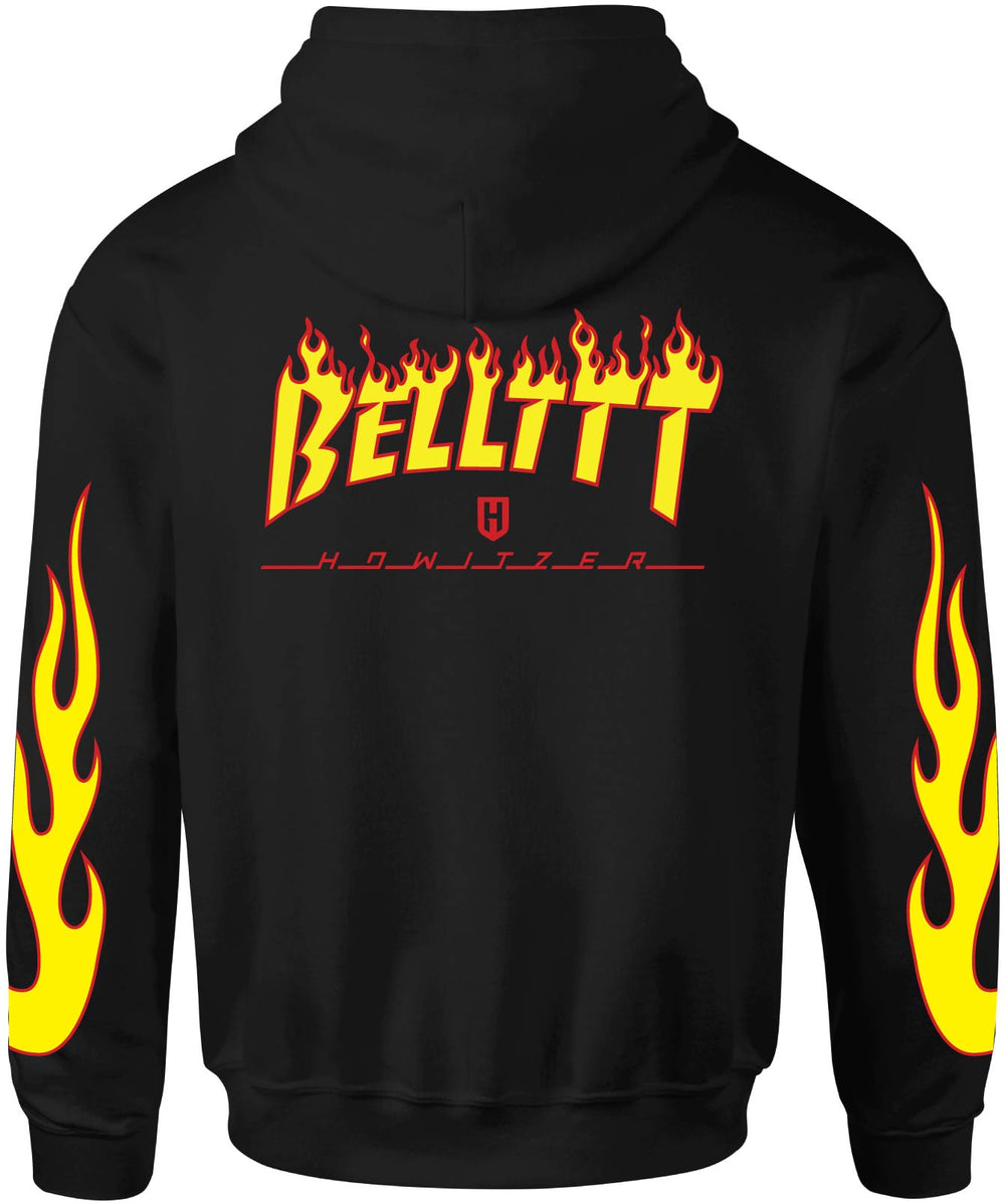 Belt Hood in black, back: BELLTTT flame lettering over HOWITZER, with flames down both sleeves
