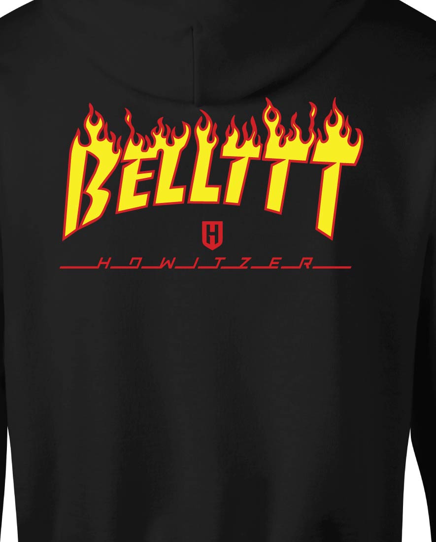 Close-up of the BELLTTT flame graphic on the back of the Belt Hood