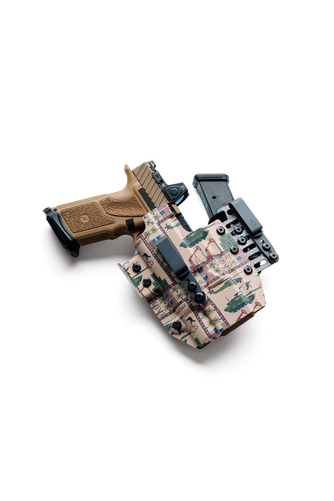Handgun with magazine in a camouflage holster on a white background