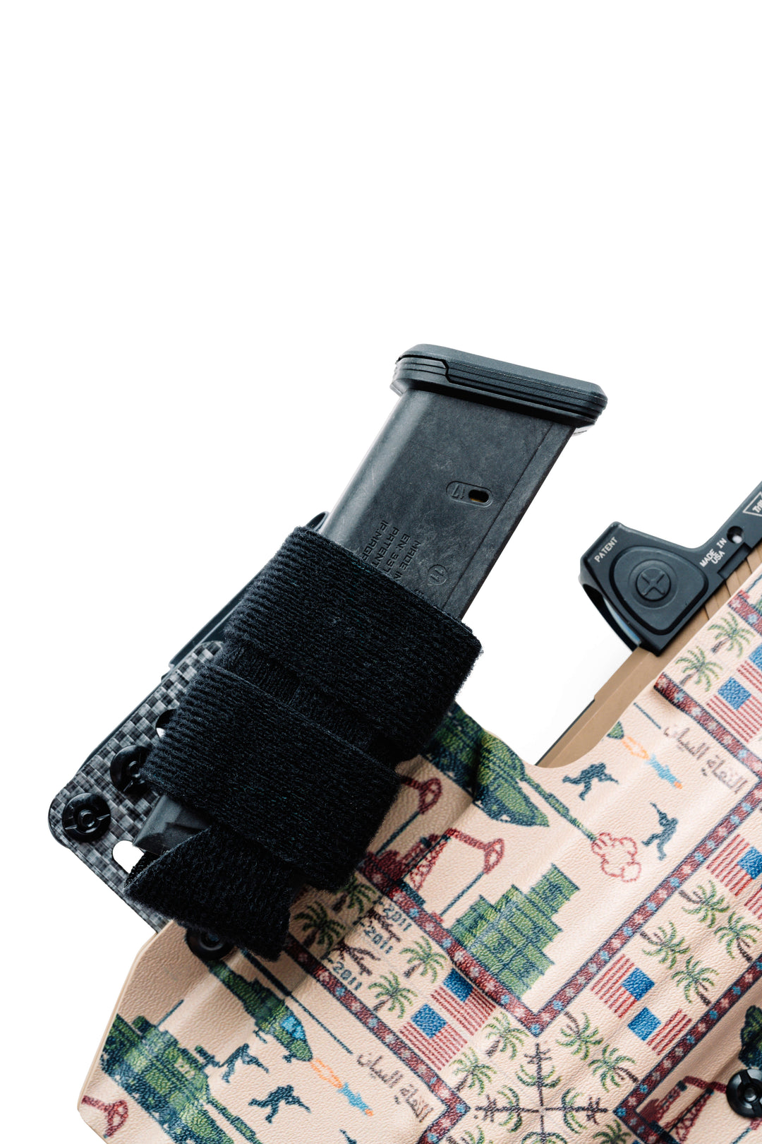Black magazine holder attached to a tactical pouch with a colorful design on a white background