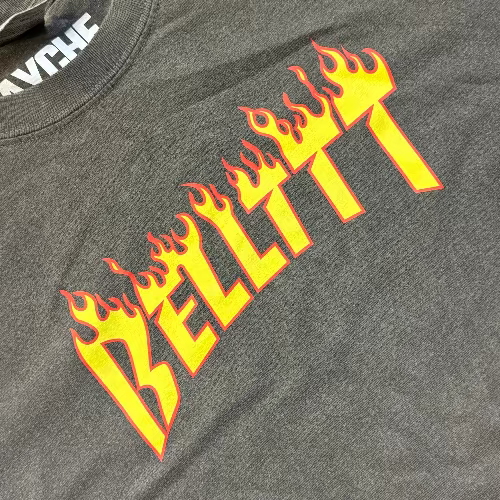 Gray t-shirt with yellow 'Bellttt' graphic design featuring flames.