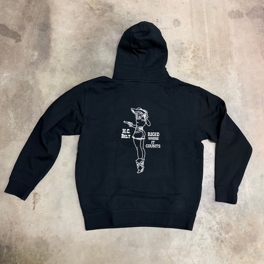 Back view of HC Pin Up Girl hoodie featuring a vintage pin-up girl graphic on the back. Cozy apparel for casual wear.