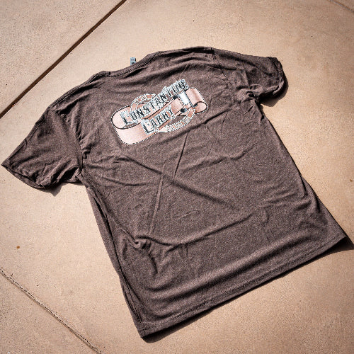Hunter Constantine Real Good Belts Tee with faded logo, casual apparel featuring a relaxed fit and stylish graphic design.