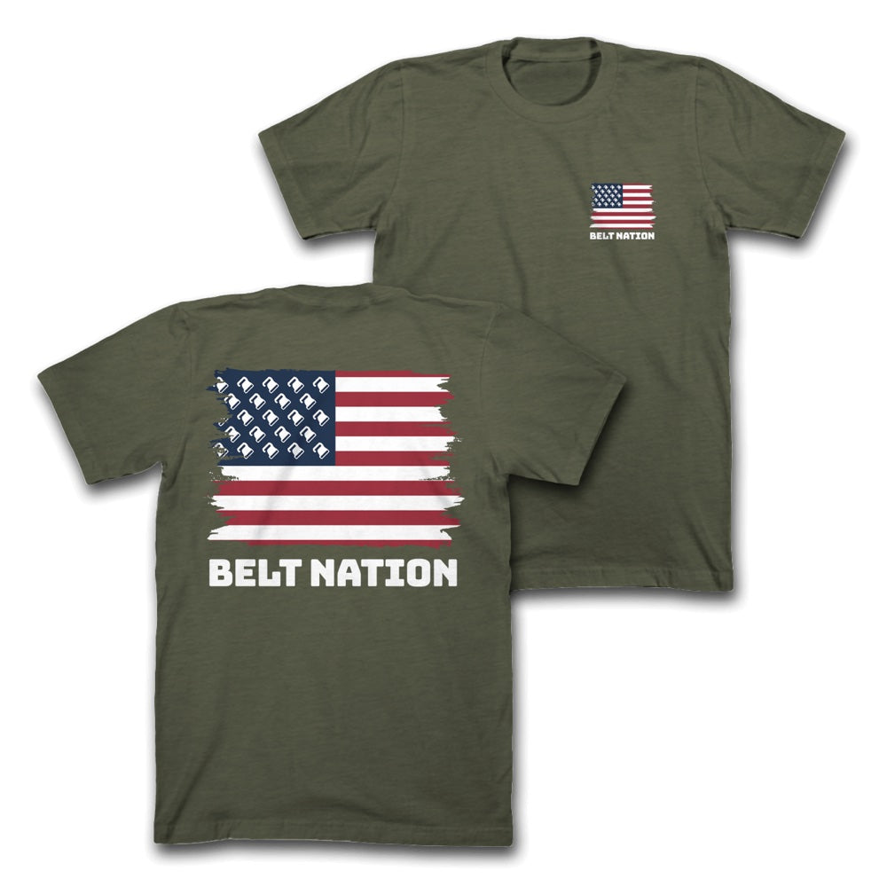 HC Belt Nation T-shirt in green, casual apparel featuring bold graphic print on soft fabric.