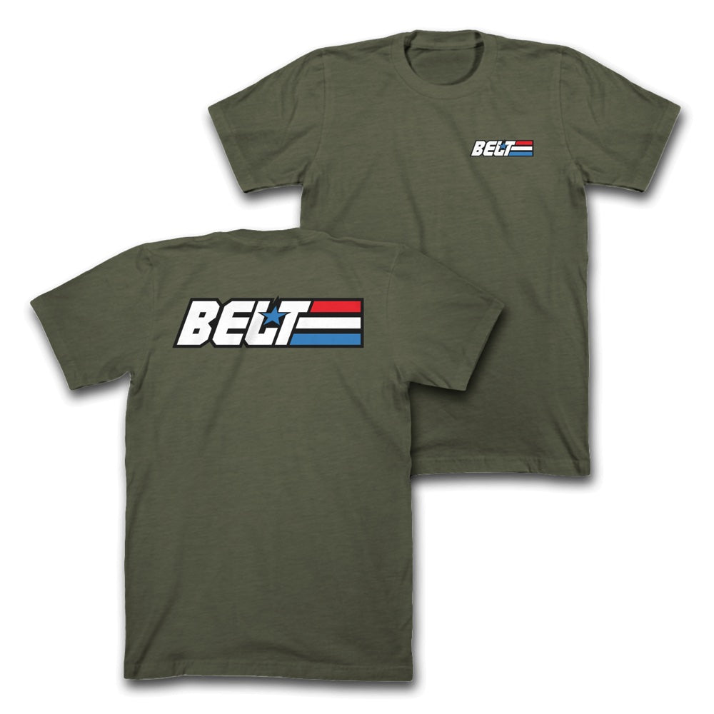 Green Standard Issue Belt T-shirt by Hunter Constantine featuring a casual fit and classic crew neckline, ideal for everyday wear.