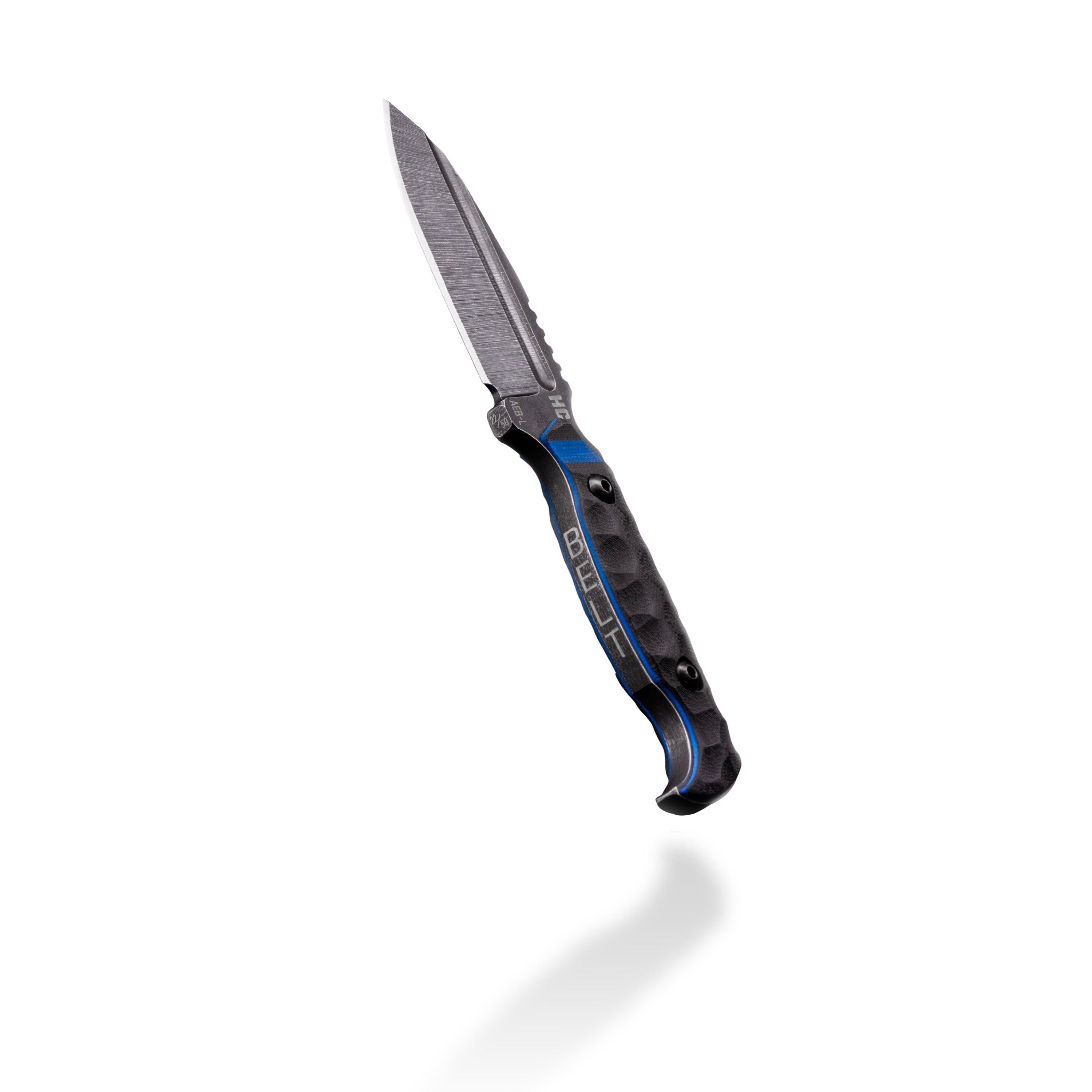 HC x BB RāDR knife, upright, showing the BELT engraving