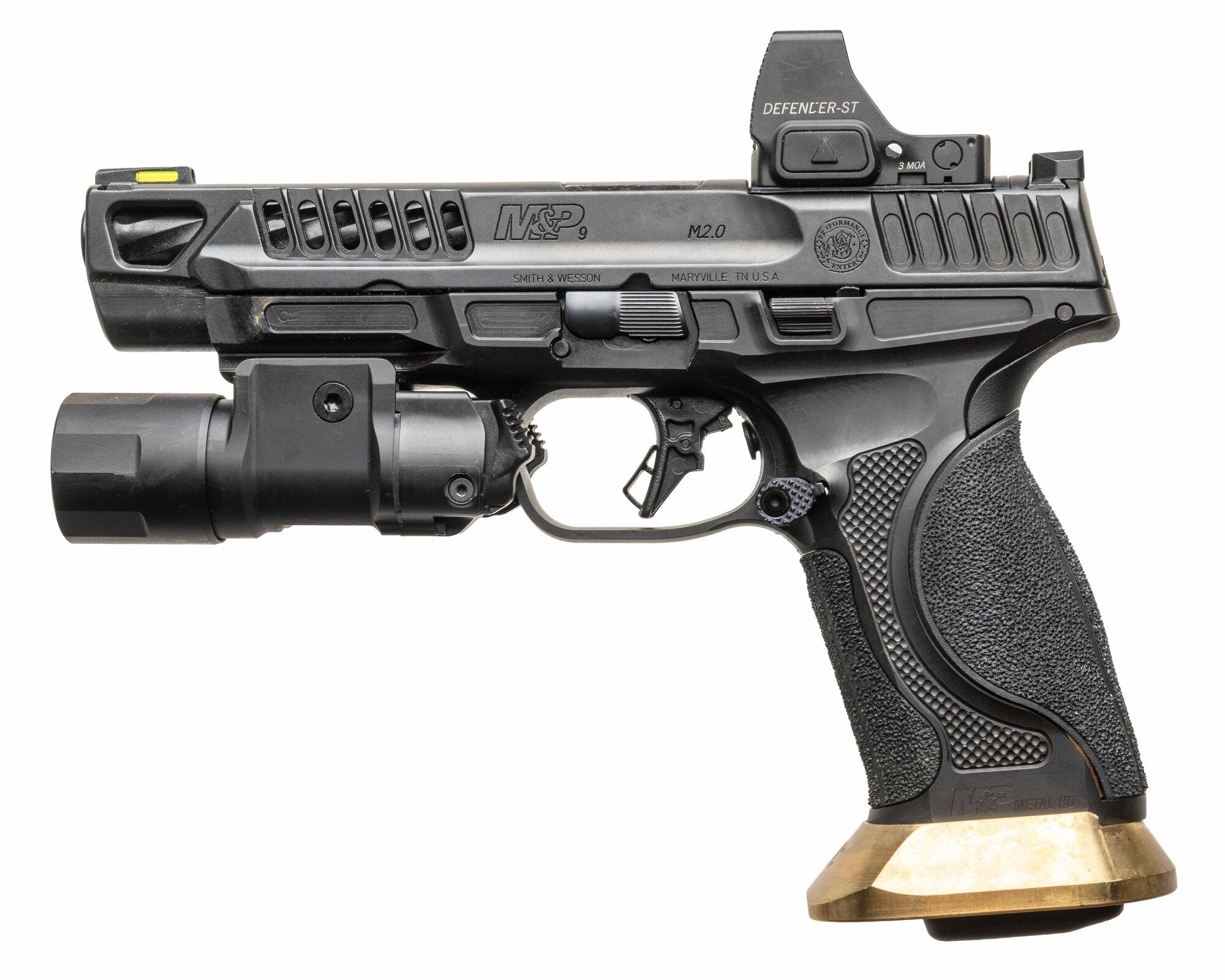 Full-size metal-frame M&P pistol with the serialized brass insert and magwell combo installed