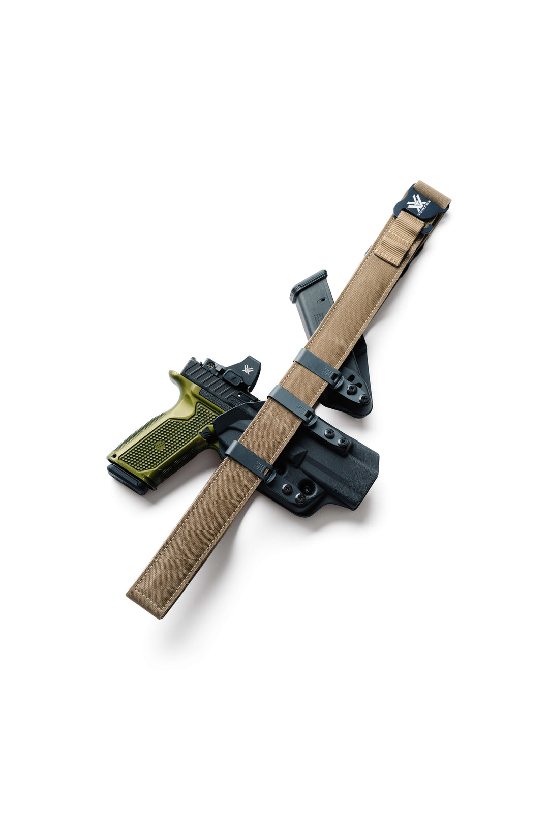 Glock pistol with a tan belt and black holster on a white background